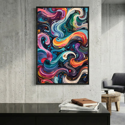 Colourful Swirl Abstract framed canvas wall art print in a gallery-style display