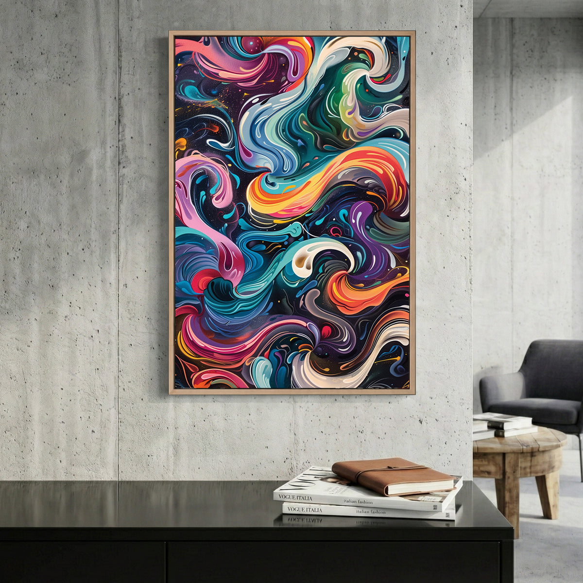 Colourful Swirl Abstract canvas wall art print displayed in a styled living room