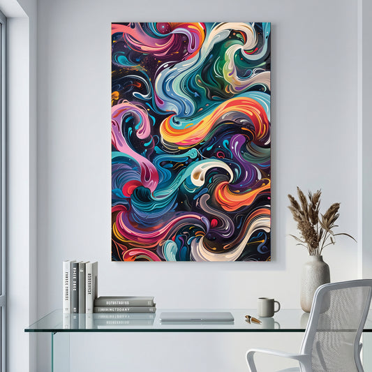 Colourful Swirl Abstract canvas wall art print displayed in a styled living room