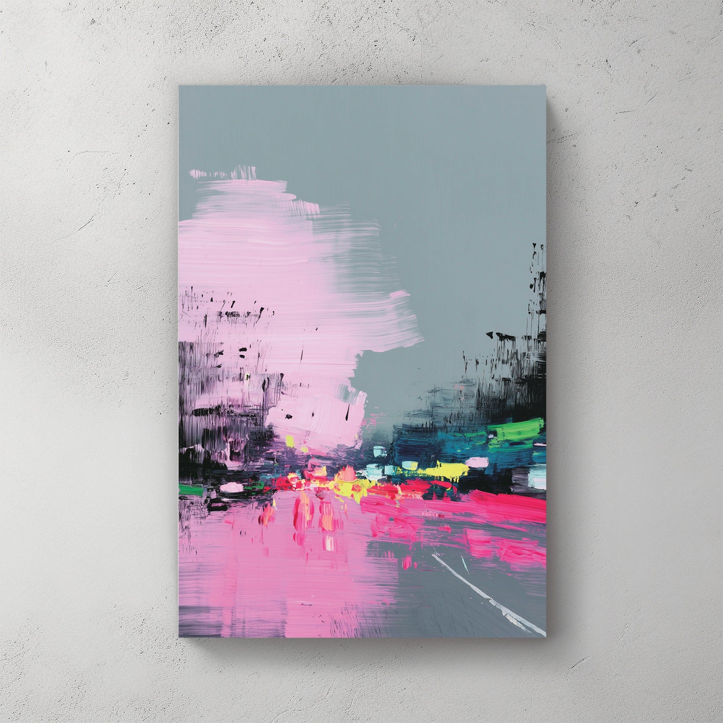 abstract city street, pink and grey palette, rainy reflections, soft brushwork, dreamy — canvas wall art print