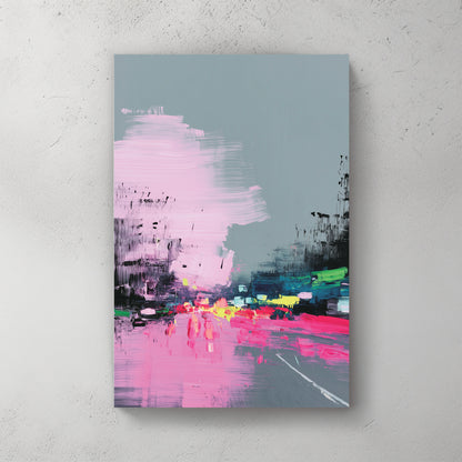 abstract city street, pink and grey palette, rainy reflections, soft brushwork, dreamy — canvas wall art print
