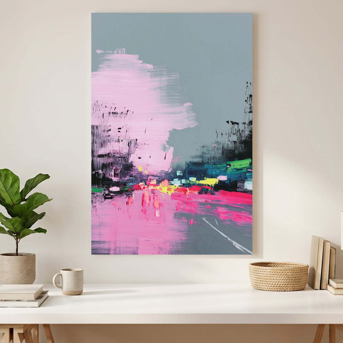 Pink Grey City Street Abstract Painting canvas wall art print styled in a modern interior