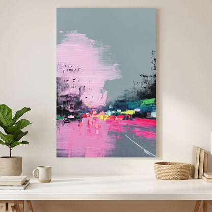 Pink Grey City Street Abstract Painting canvas wall art print styled in a modern interior
