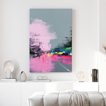 Pink Grey City Street Abstract Painting canvas wall art print above a sofa in a contemporary living room