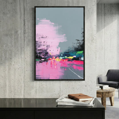 Pink Grey City Street Abstract Painting framed canvas wall art print in a gallery-style display