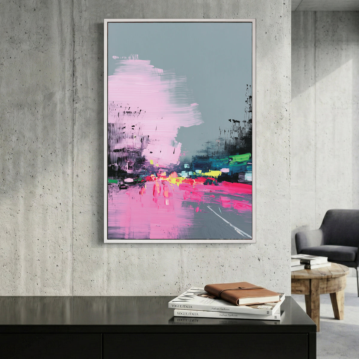 Pink Grey City Street Abstract Painting canvas wall art print displayed in a styled living room