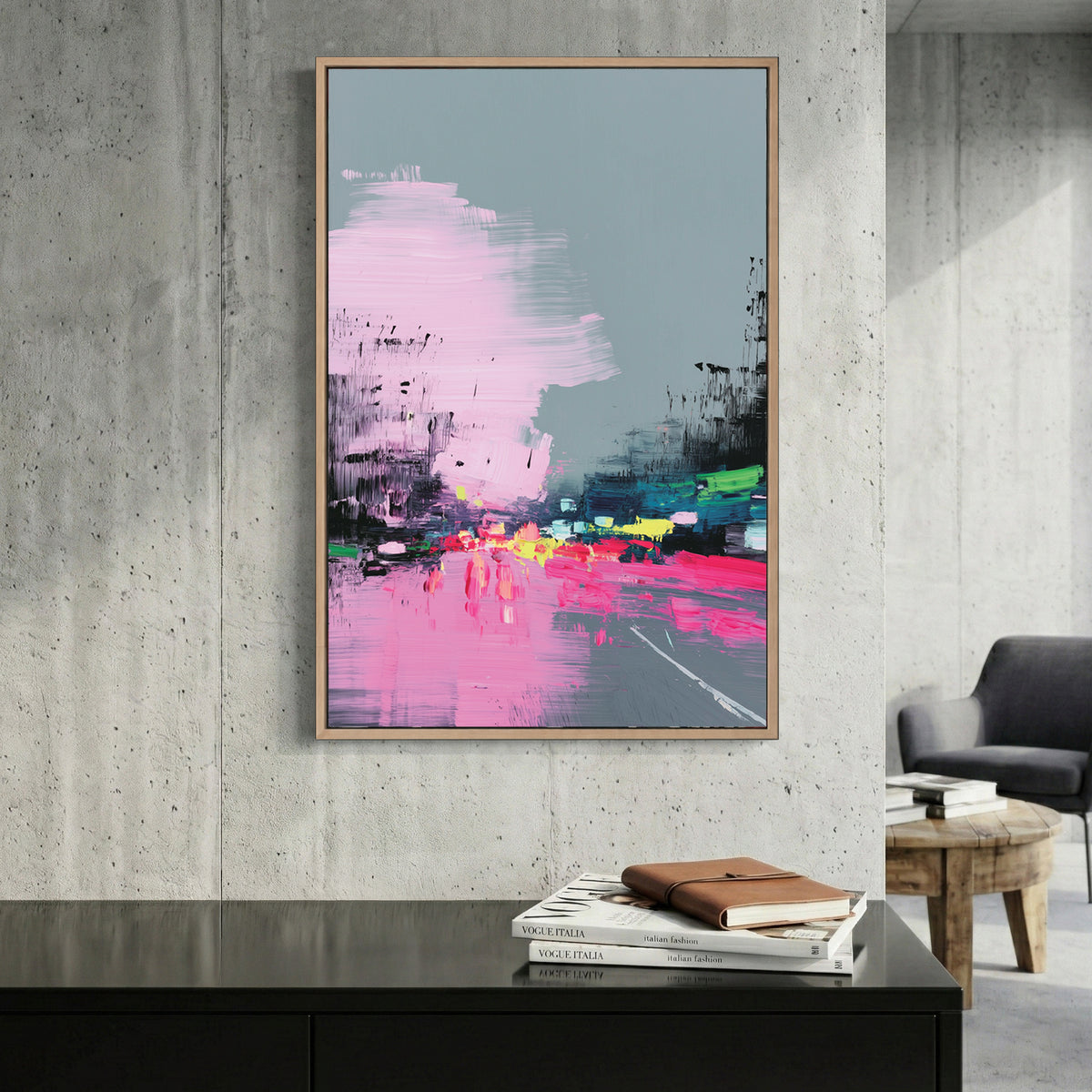 Pink Grey City Street Abstract Painting canvas wall art print displayed in a styled living room