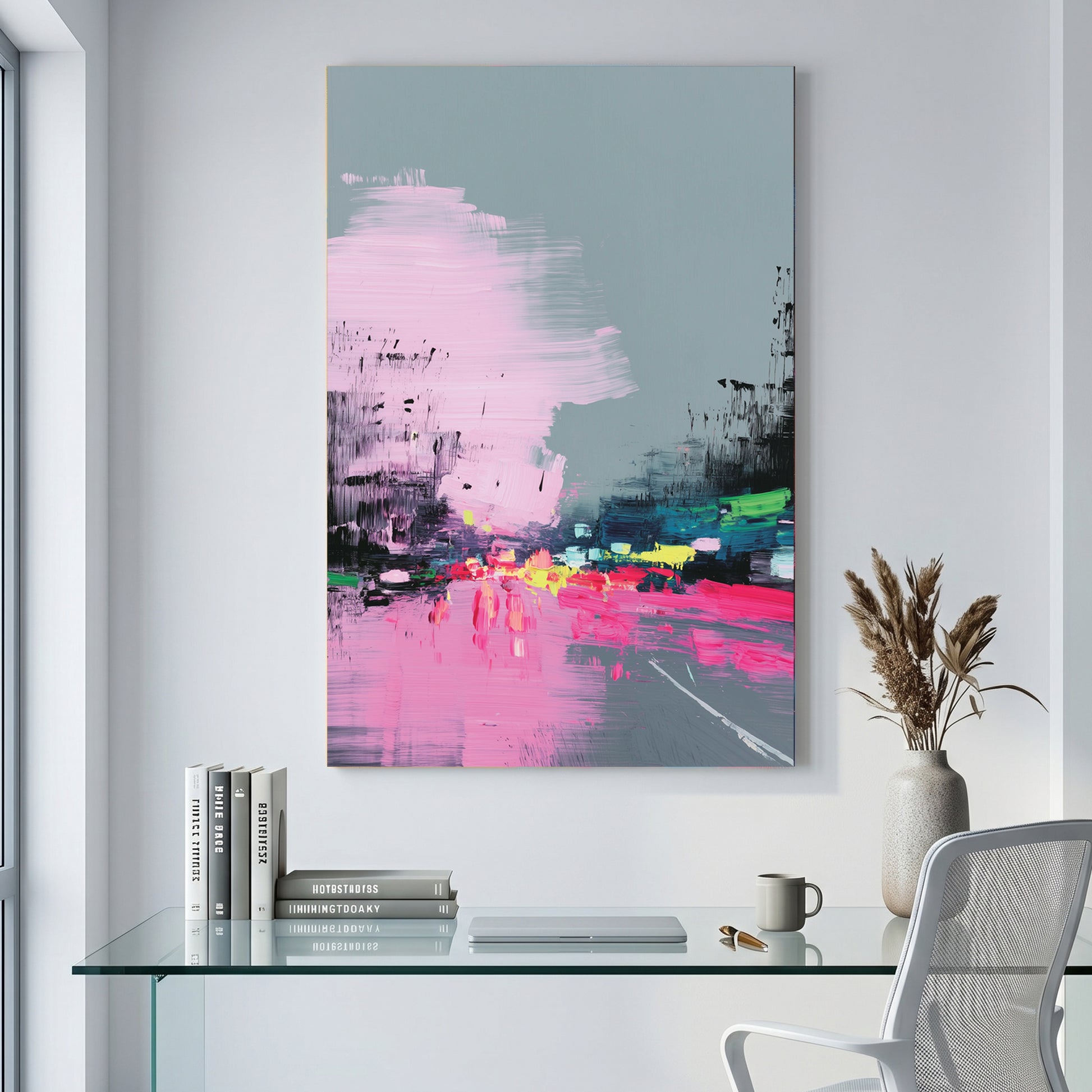 Pink Grey City Street Abstract Painting canvas wall art print displayed in a styled living room