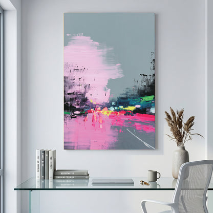 Pink Grey City Street Abstract Painting canvas wall art print displayed in a styled living room