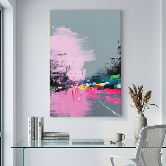 Pink Grey City Street Abstract Painting canvas wall art print displayed in a styled living room