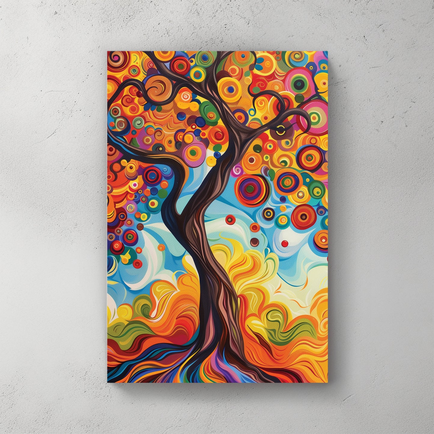 Tree with twisting trunk, swirling rainbow foliage made of circles and spirals, vivid Klimt-style colours — canvas wall art print