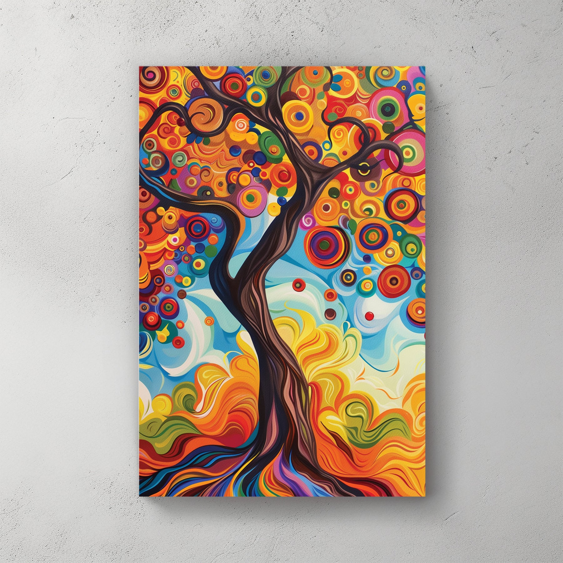 Tree with twisting trunk, swirling rainbow foliage made of circles and spirals, vivid Klimt-style colours — canvas wall art print