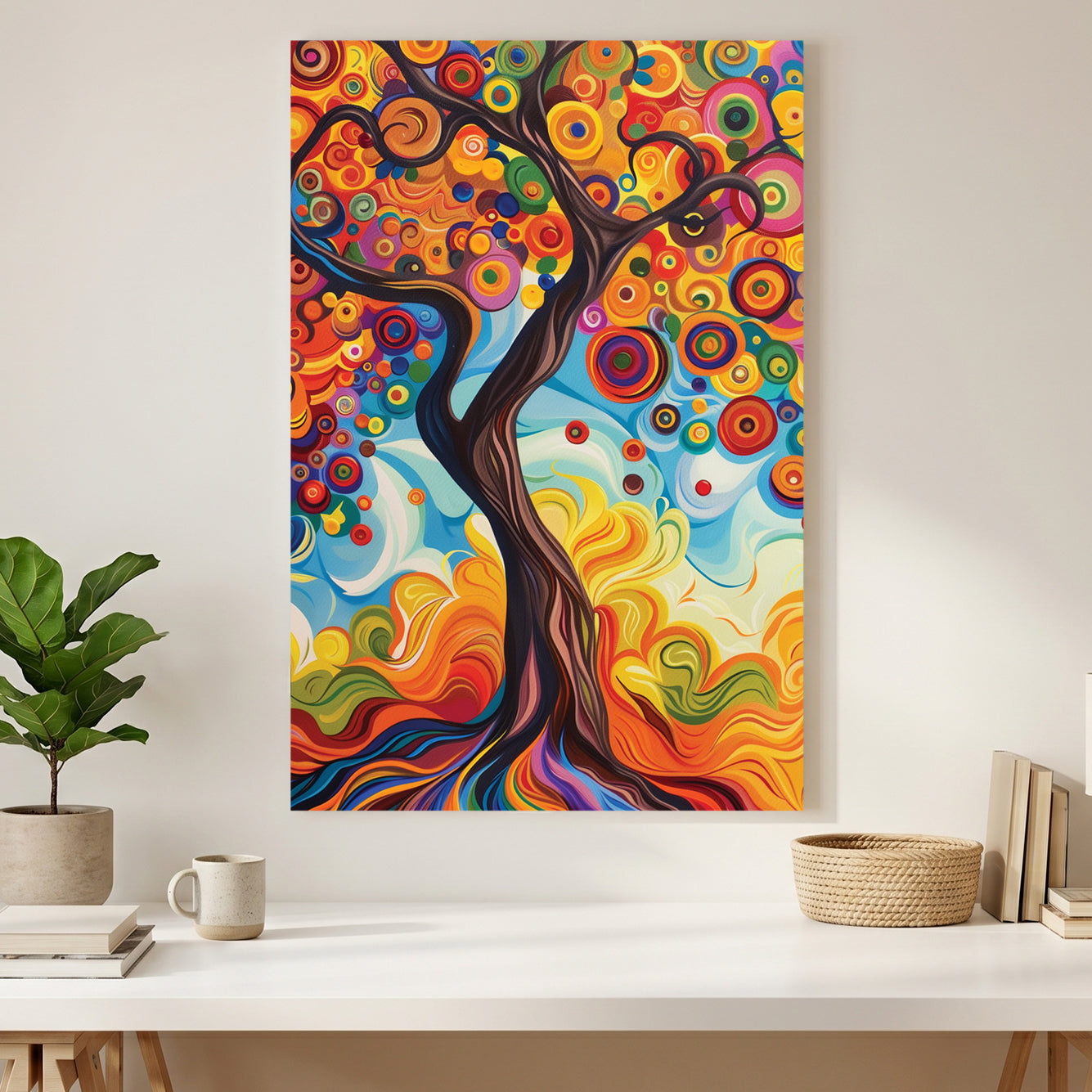 Colourful Tree of Life Painting canvas wall art print styled in a modern interior