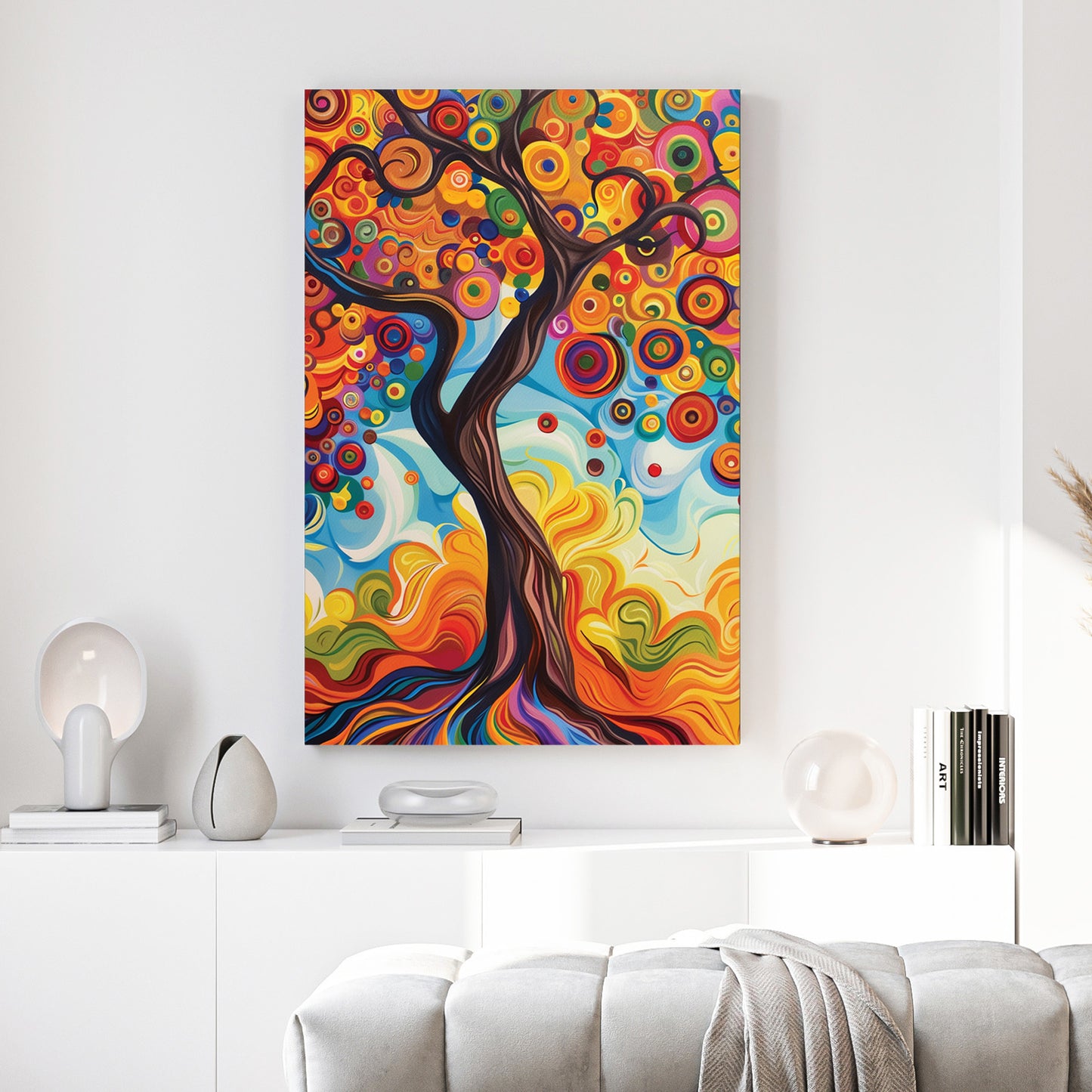 Colourful Tree of Life Painting canvas wall art print above a sofa in a contemporary living room