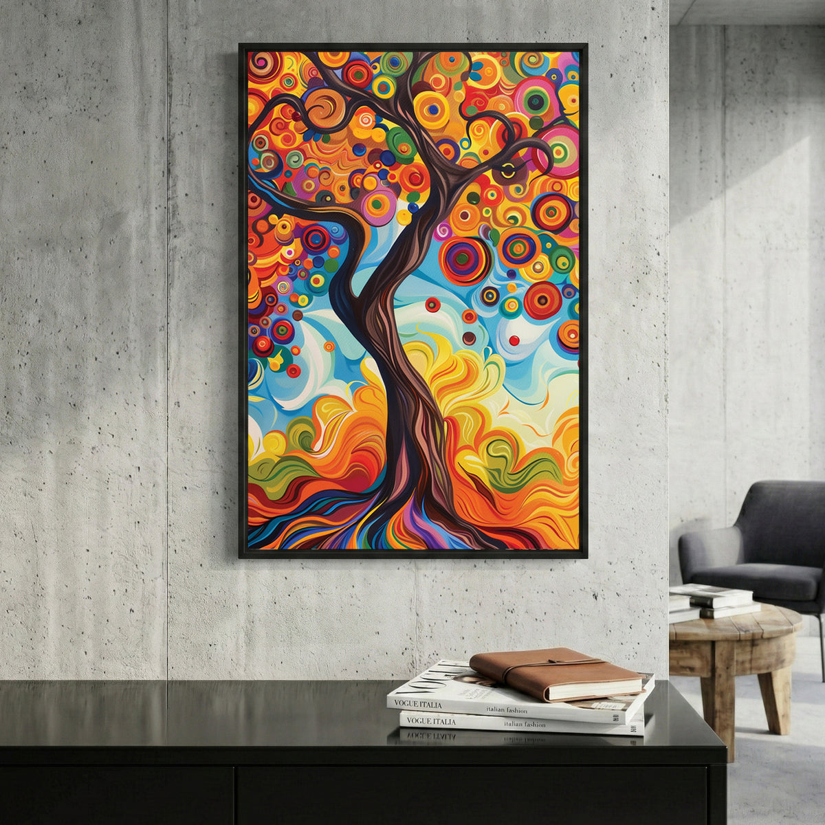 Colourful Tree of Life Painting framed canvas wall art print in a gallery-style display