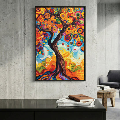 Colourful Tree of Life Painting framed canvas wall art print in a gallery-style display