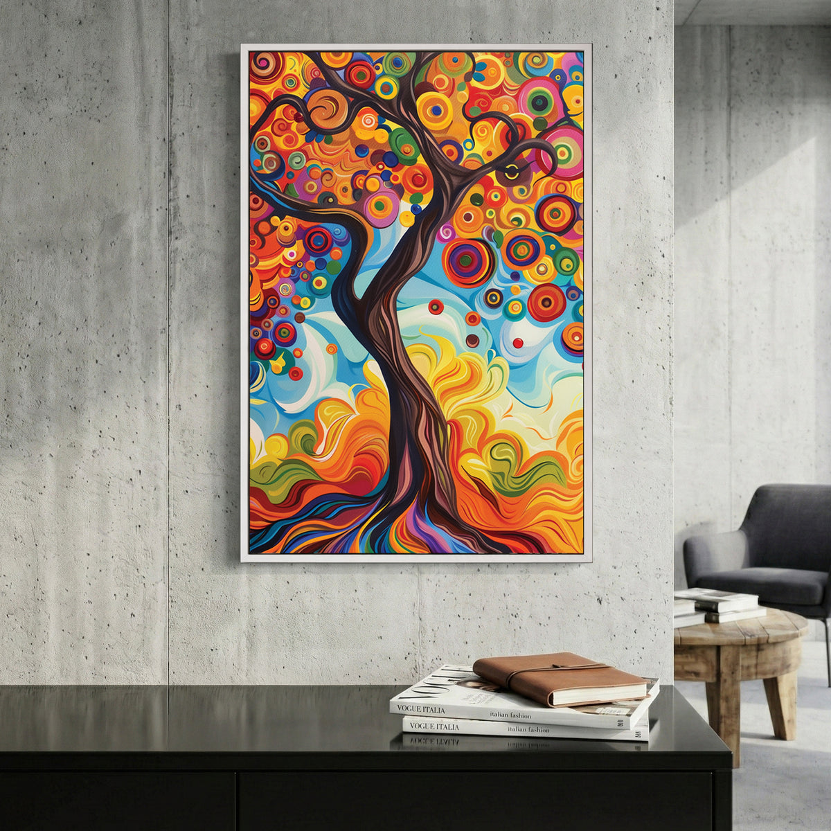Colourful Tree of Life Painting canvas wall art print displayed in a styled living room