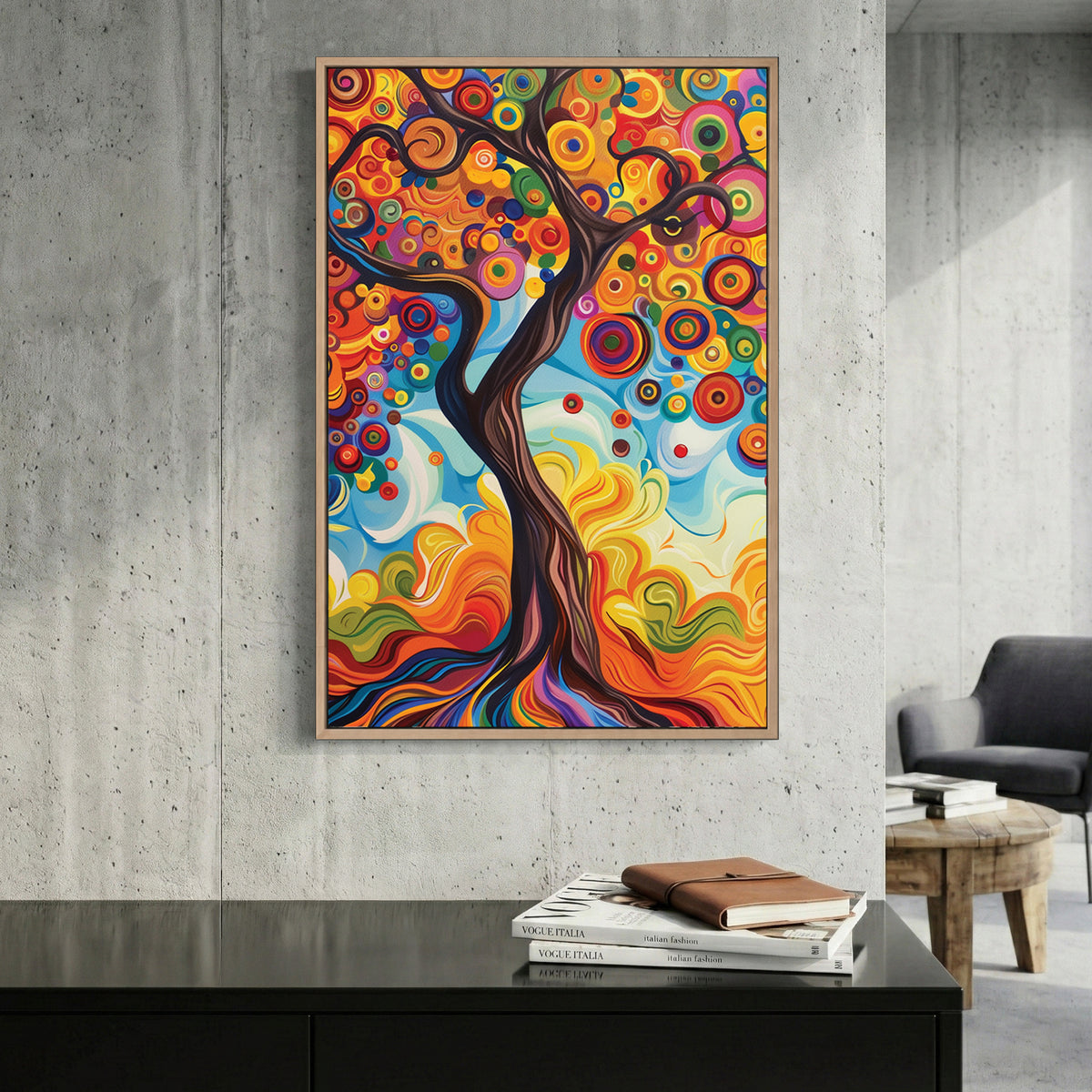 Colourful Tree of Life Painting canvas wall art print displayed in a styled living room