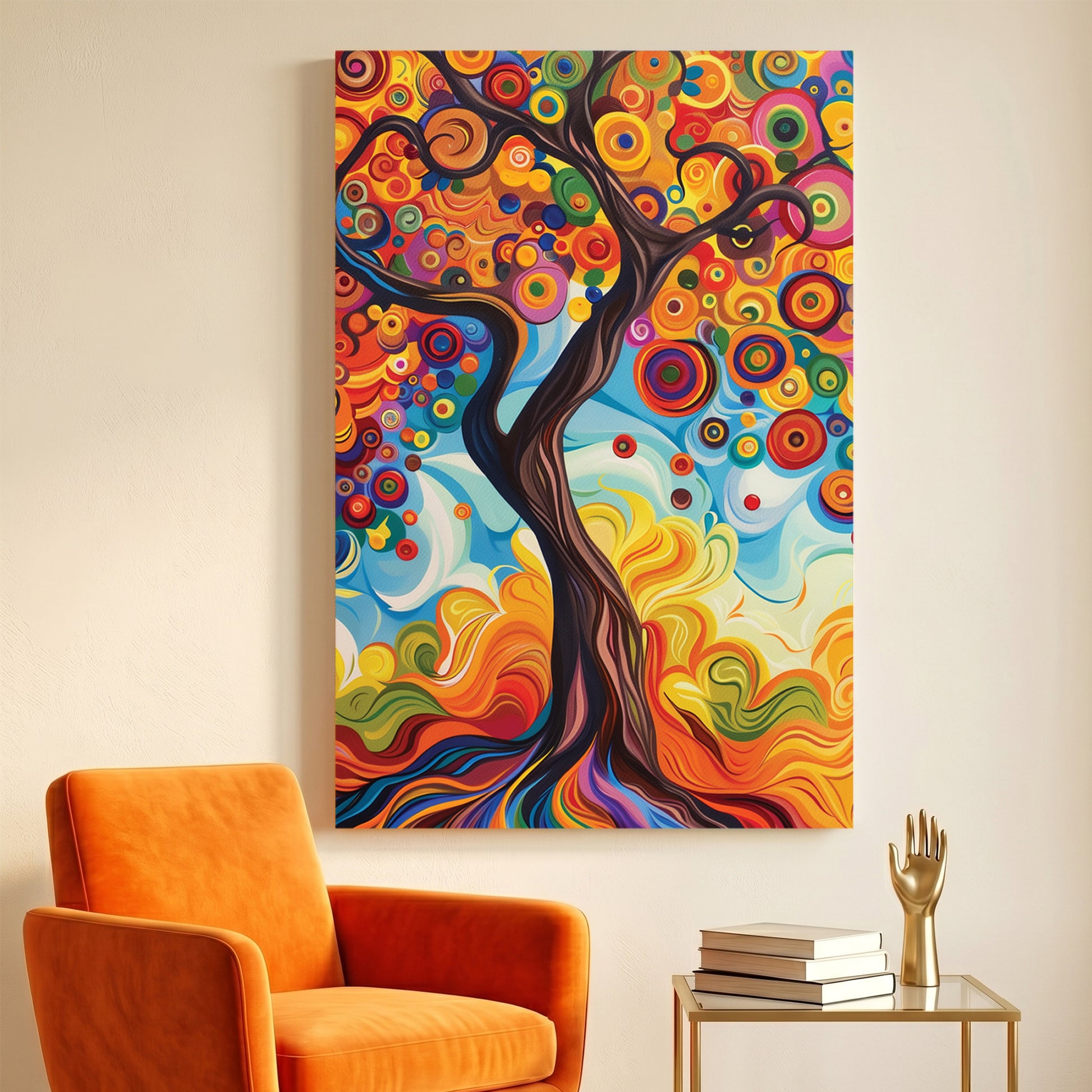 Colourful Tree of Life Painting canvas wall art print displayed in a styled living room