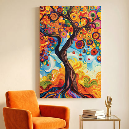 Colourful Tree of Life Painting canvas wall art print displayed in a styled living room