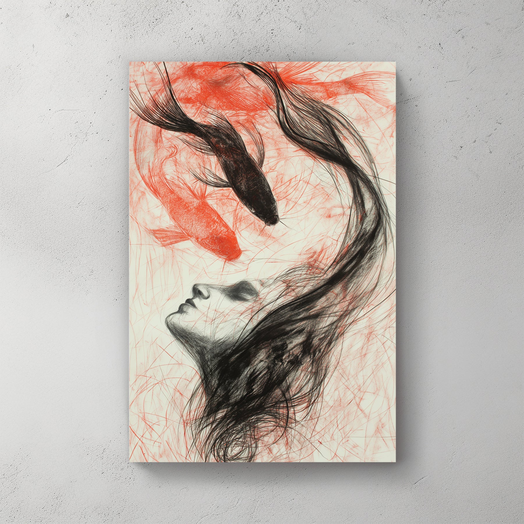 Charcoal sketch portrait of woman with eyes closed, koi fish swimming in flowing hair, red accent in fish, minimalist — canvas wall art print