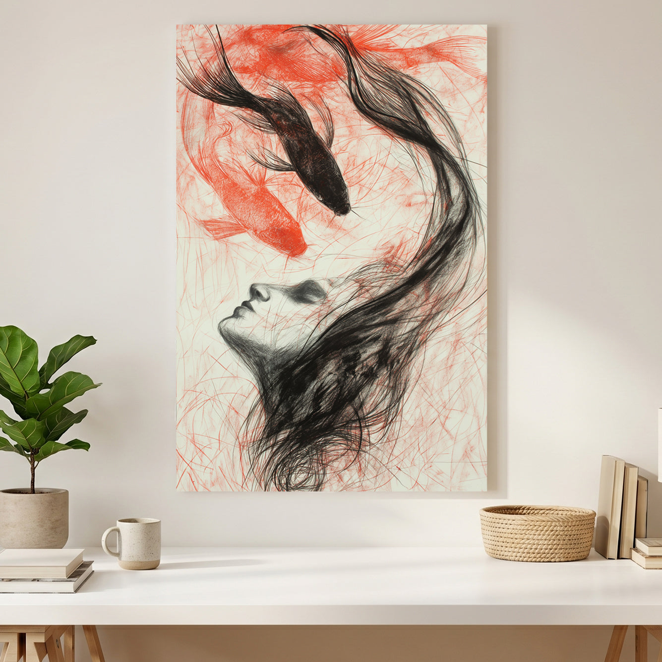 Woman Koi Fish Hair Charcoal canvas wall art print styled in a modern interior