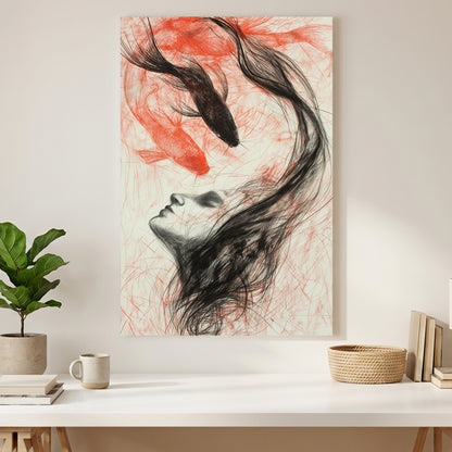 Woman Koi Fish Hair Charcoal canvas wall art print styled in a modern interior