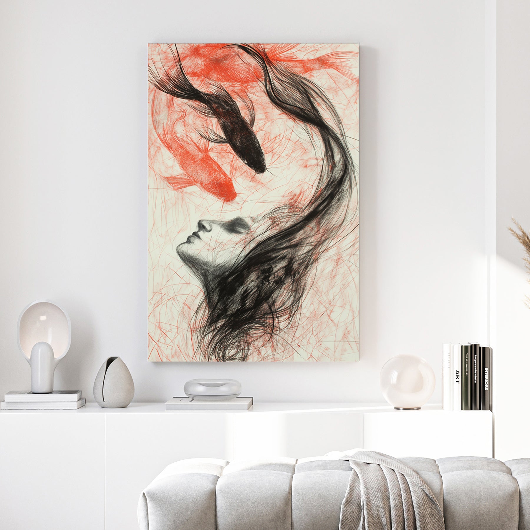 Woman Koi Fish Hair Charcoal canvas wall art print above a sofa in a contemporary living room
