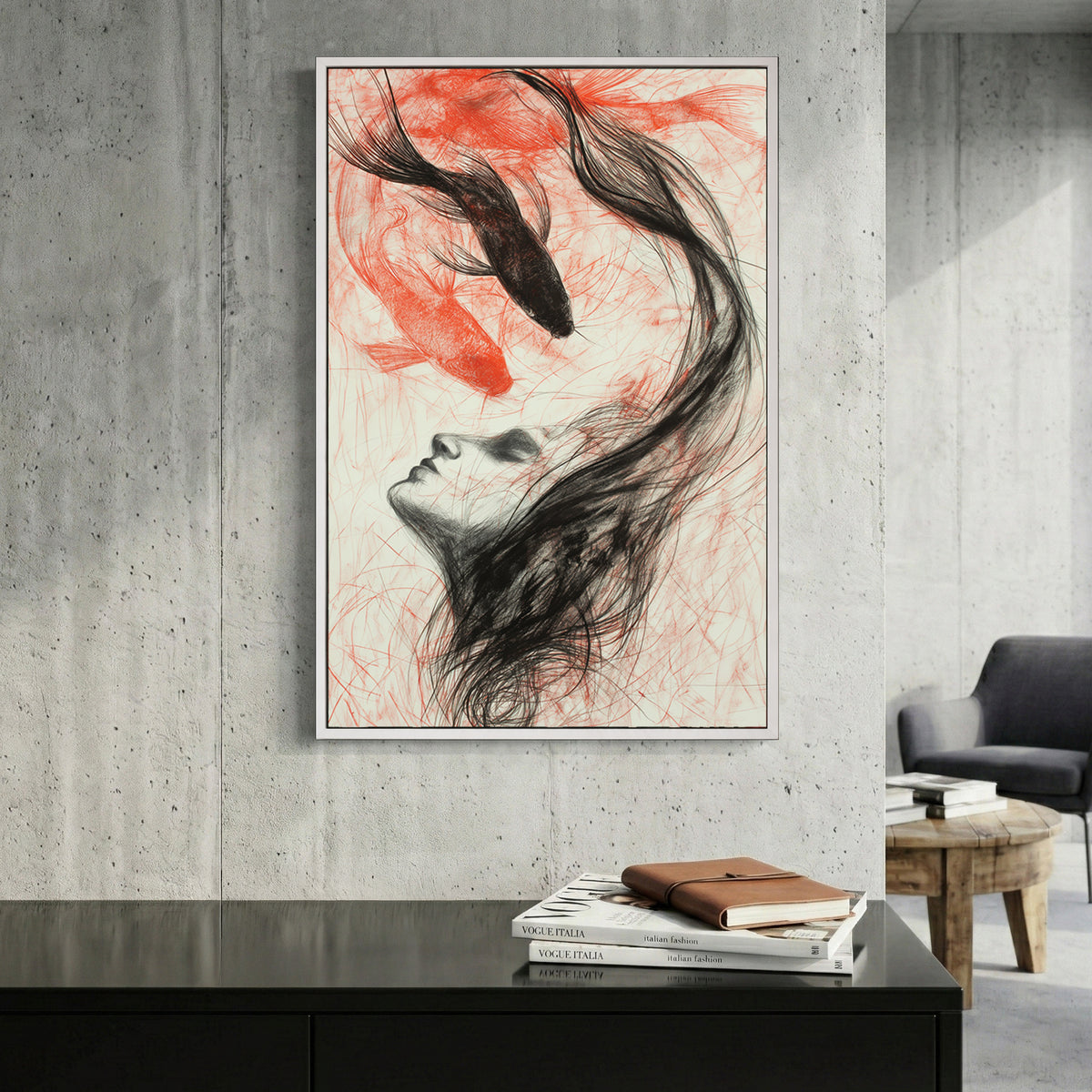 Woman Koi Fish Hair Charcoal canvas wall art print displayed in a styled living room