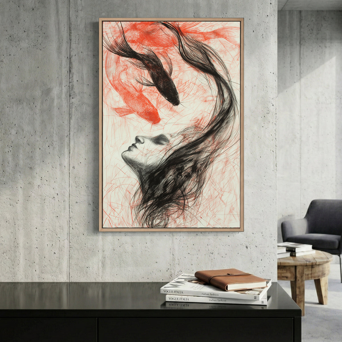 Woman Koi Fish Hair Charcoal canvas wall art print displayed in a styled living room