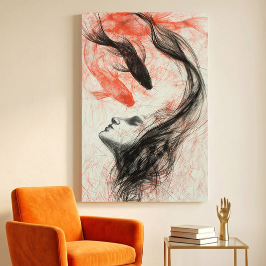 Woman Koi Fish Hair Charcoal canvas wall art print displayed in a styled living room