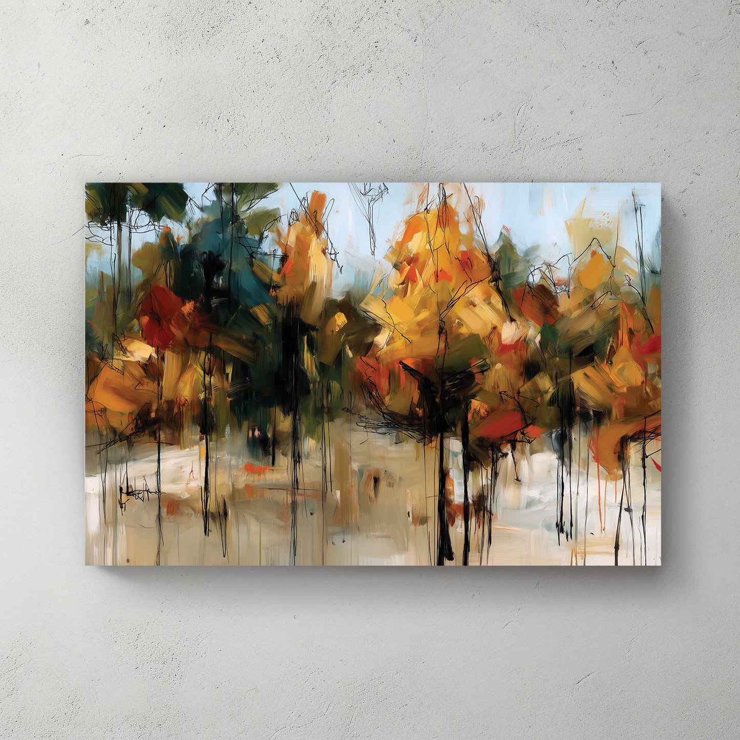 Autumn forest, orange and ochre trees with black scribbled trunks, soft blue-grey background, impressionist style with drips — canvas wall art print