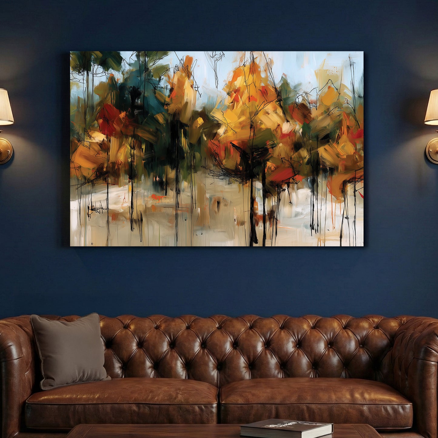 Autumn Forest Impressionist Painting canvas wall art print above a sofa in a contemporary living room