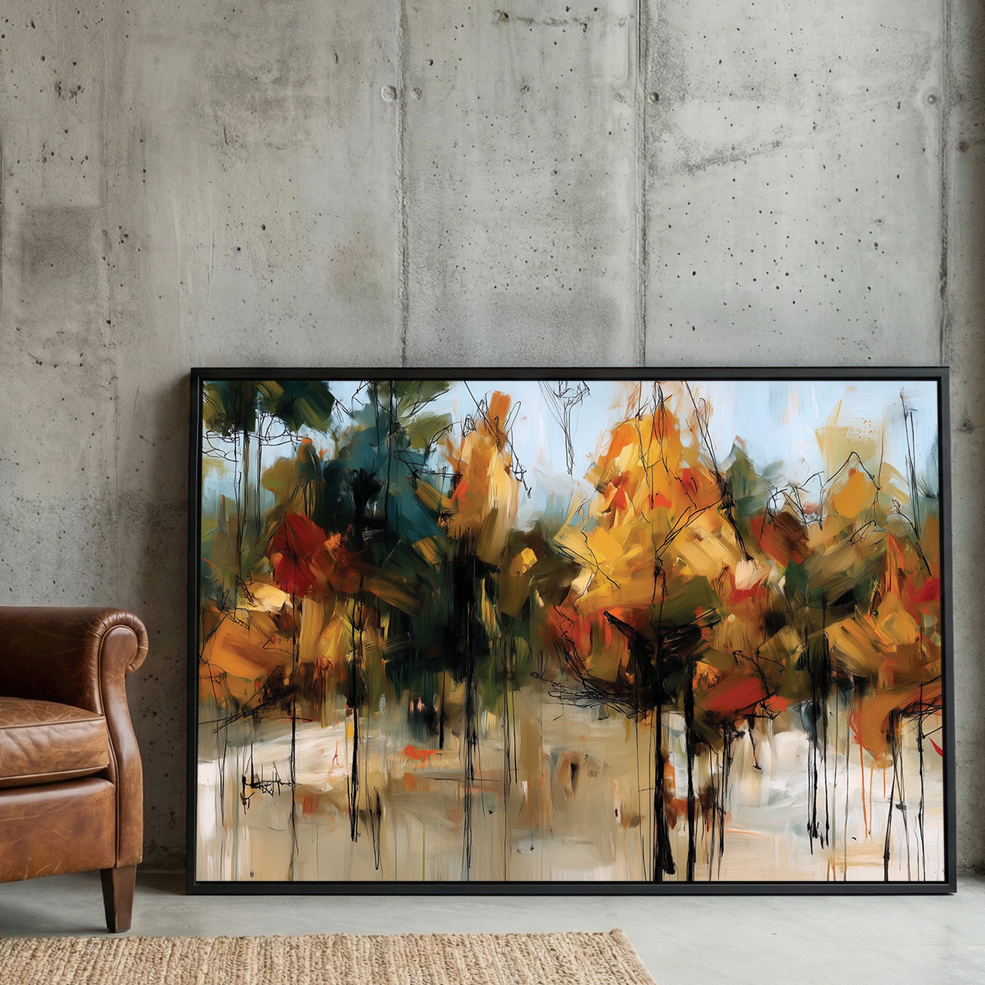 Autumn Forest Impressionist Painting framed canvas wall art print in a gallery-style display