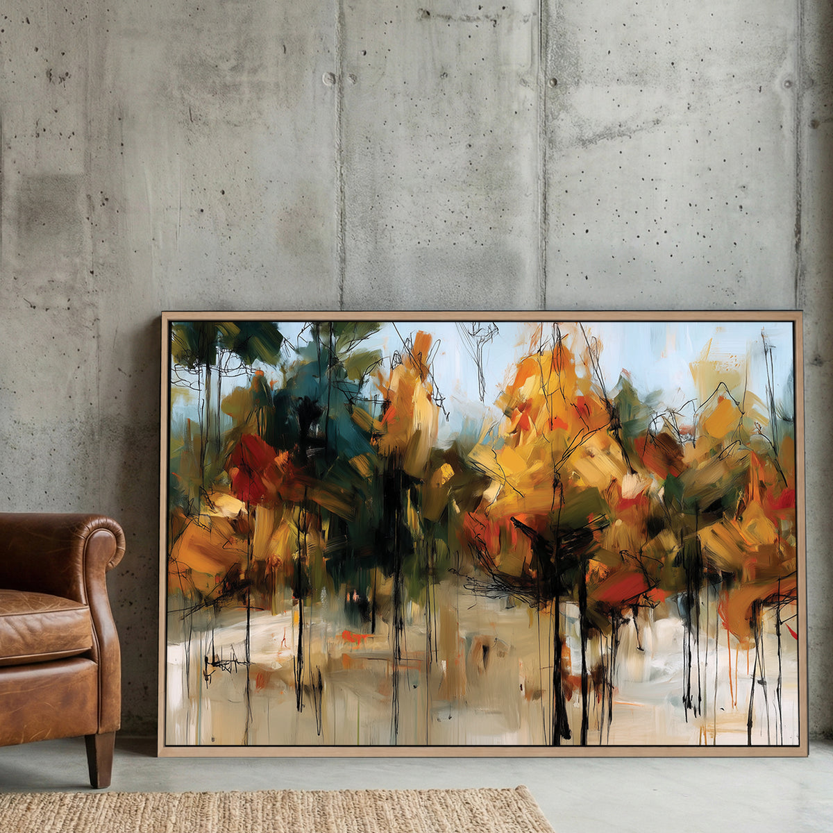 Autumn Forest Impressionist Painting canvas wall art print displayed in a styled living room