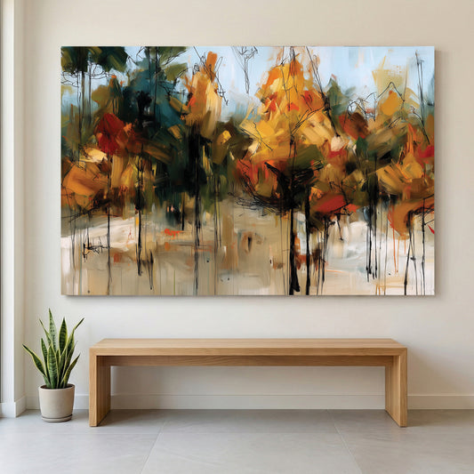 Autumn Forest Impressionist Painting canvas wall art print displayed in a styled living room