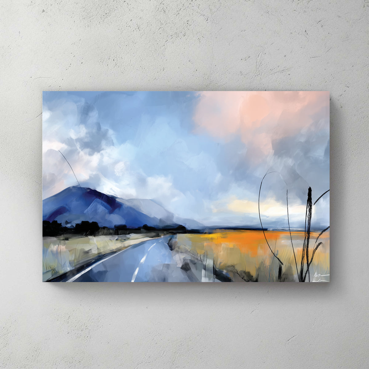 Mountain in distance, road leading toward it, blue and orange clouds, brushstroke painting — canvas wall art print