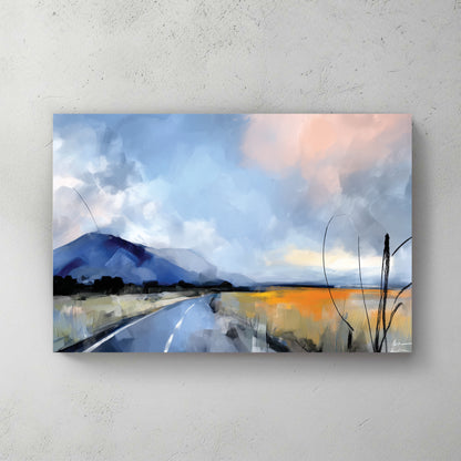 Mountain in distance, road leading toward it, blue and orange clouds, brushstroke painting — canvas wall art print