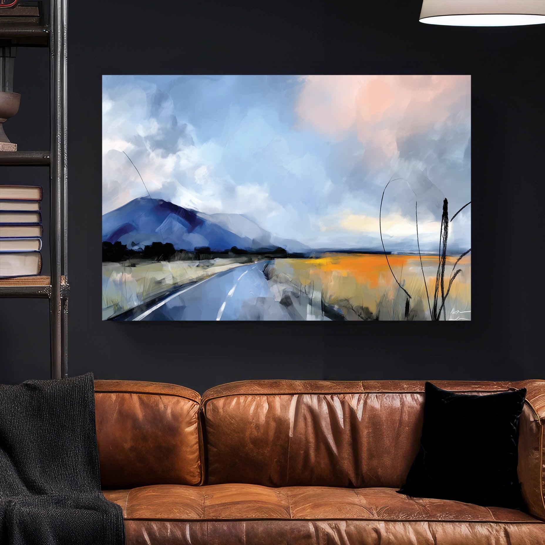 Mountain Road Landscape Painting canvas wall art print styled in a modern interior