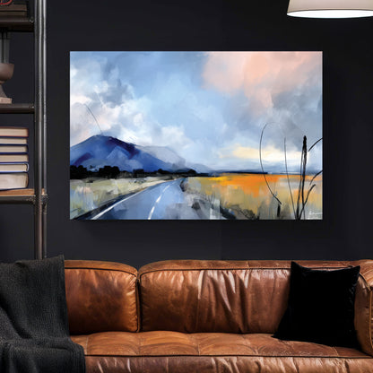 Mountain Road Landscape Painting canvas wall art print styled in a modern interior