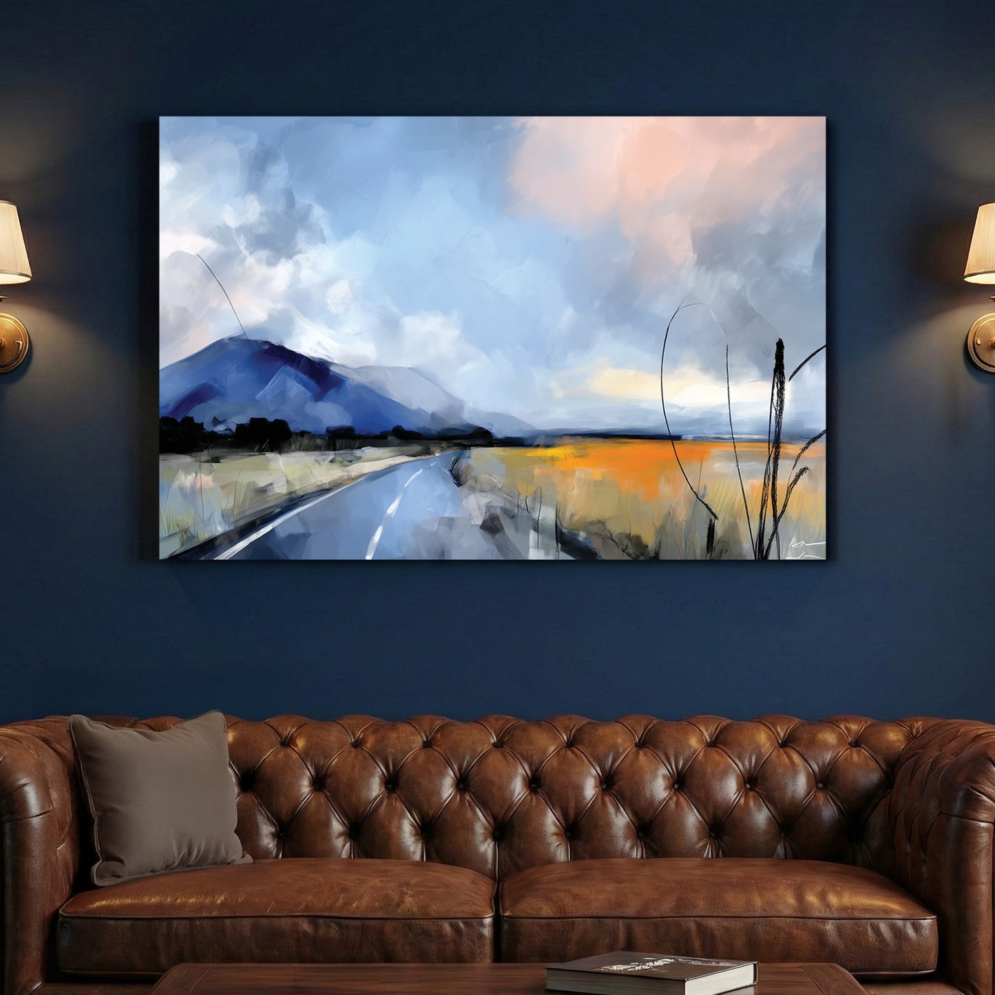 Mountain Road Landscape Painting canvas wall art print above a sofa in a contemporary living room