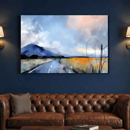 Mountain Road Landscape Painting canvas wall art print above a sofa in a contemporary living room