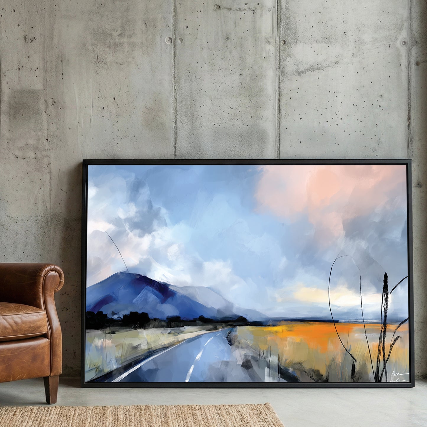 Mountain Road Landscape Painting framed canvas wall art print in a gallery-style display