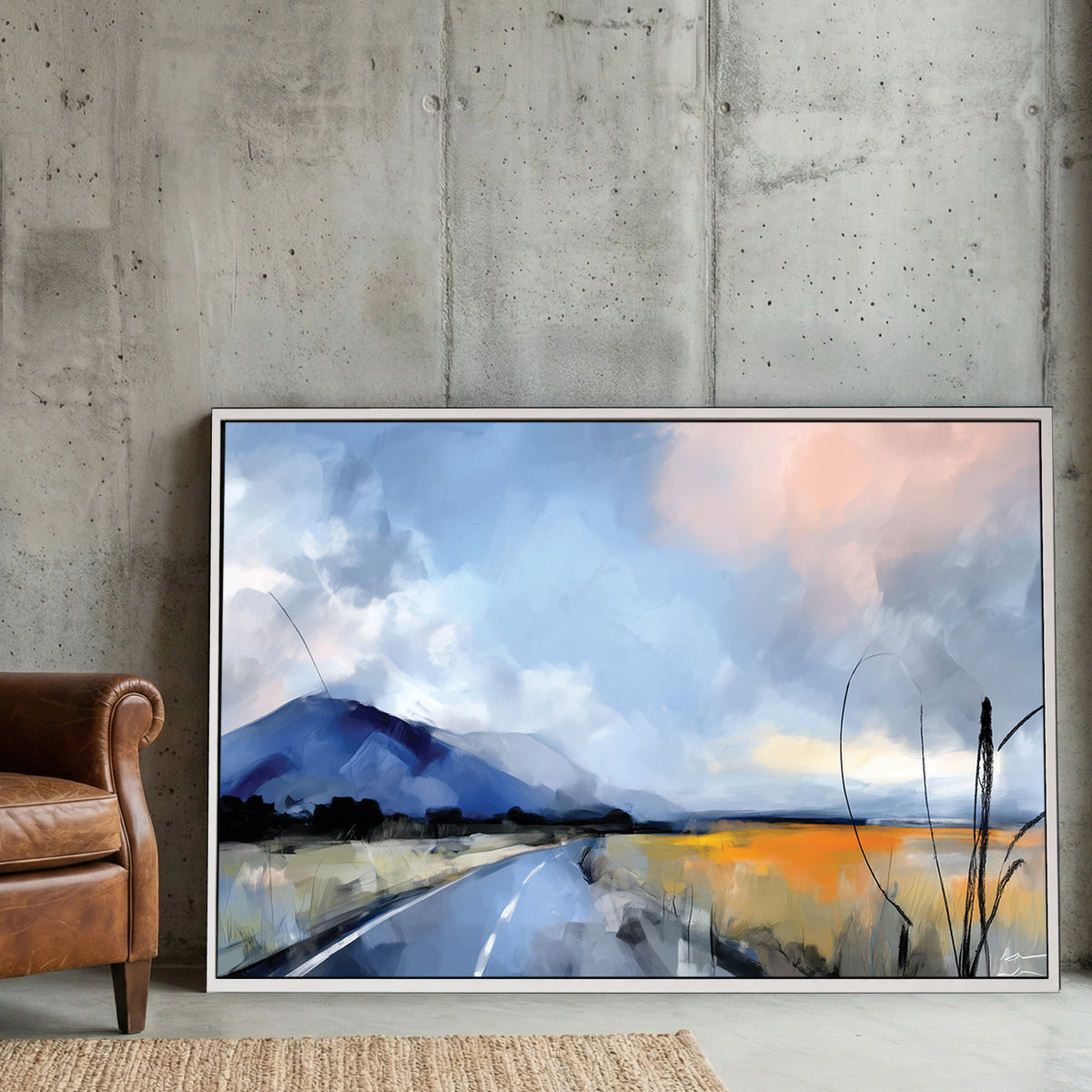 Mountain Road Landscape Painting canvas wall art print displayed in a styled living room