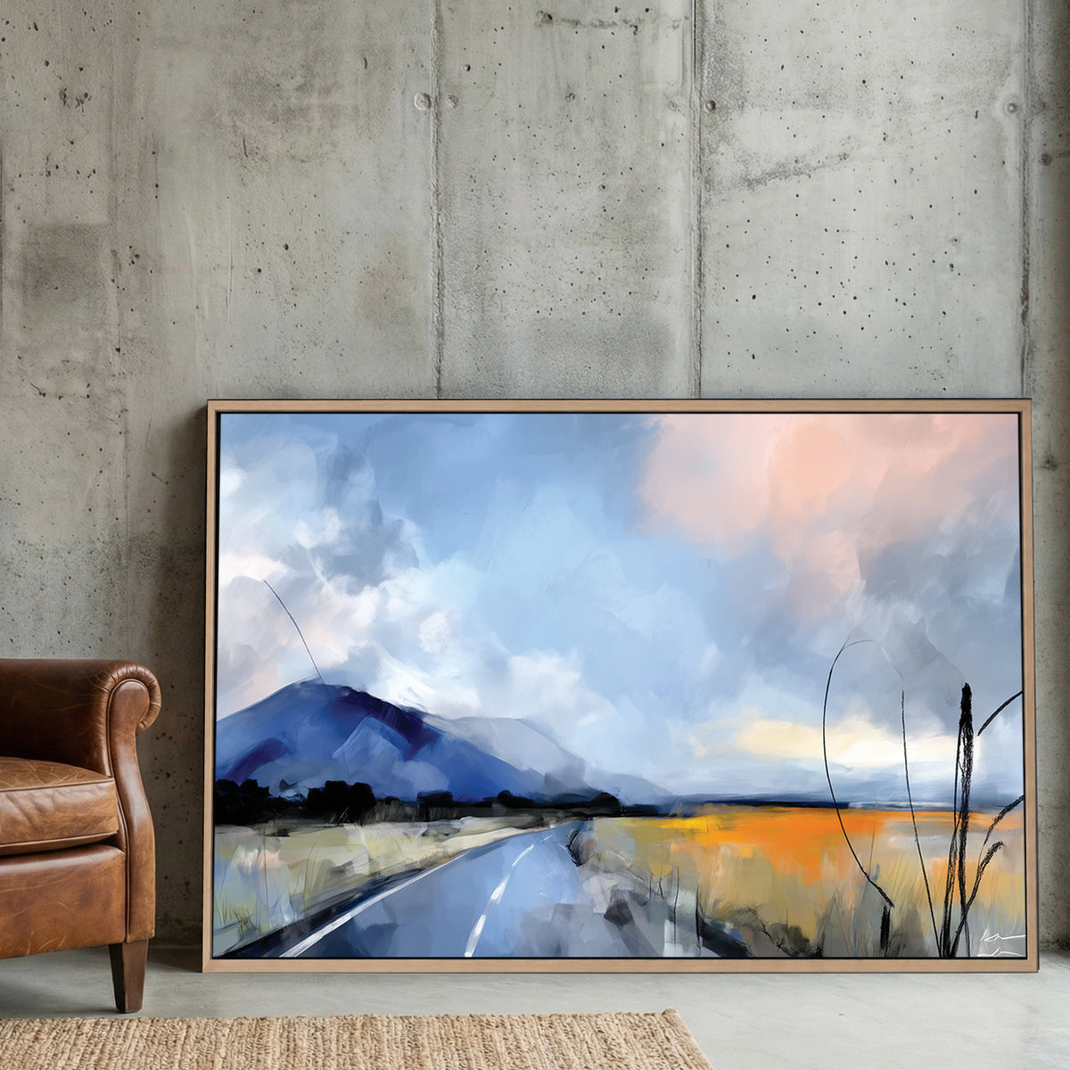 Mountain Road Landscape Painting canvas wall art print displayed in a styled living room