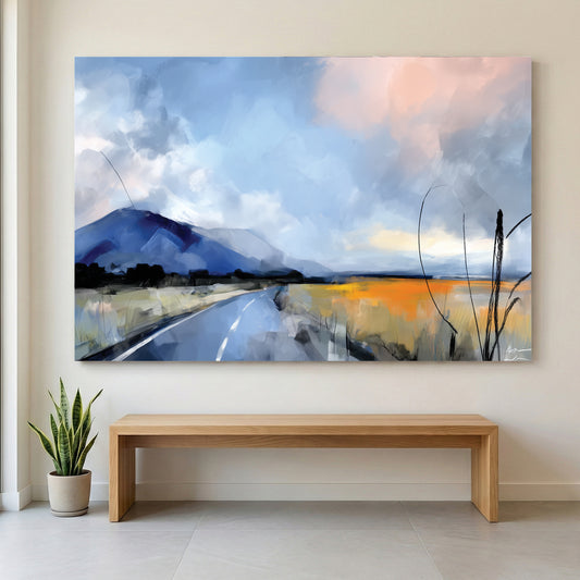 Mountain Road Landscape Painting canvas wall art print displayed in a styled living room