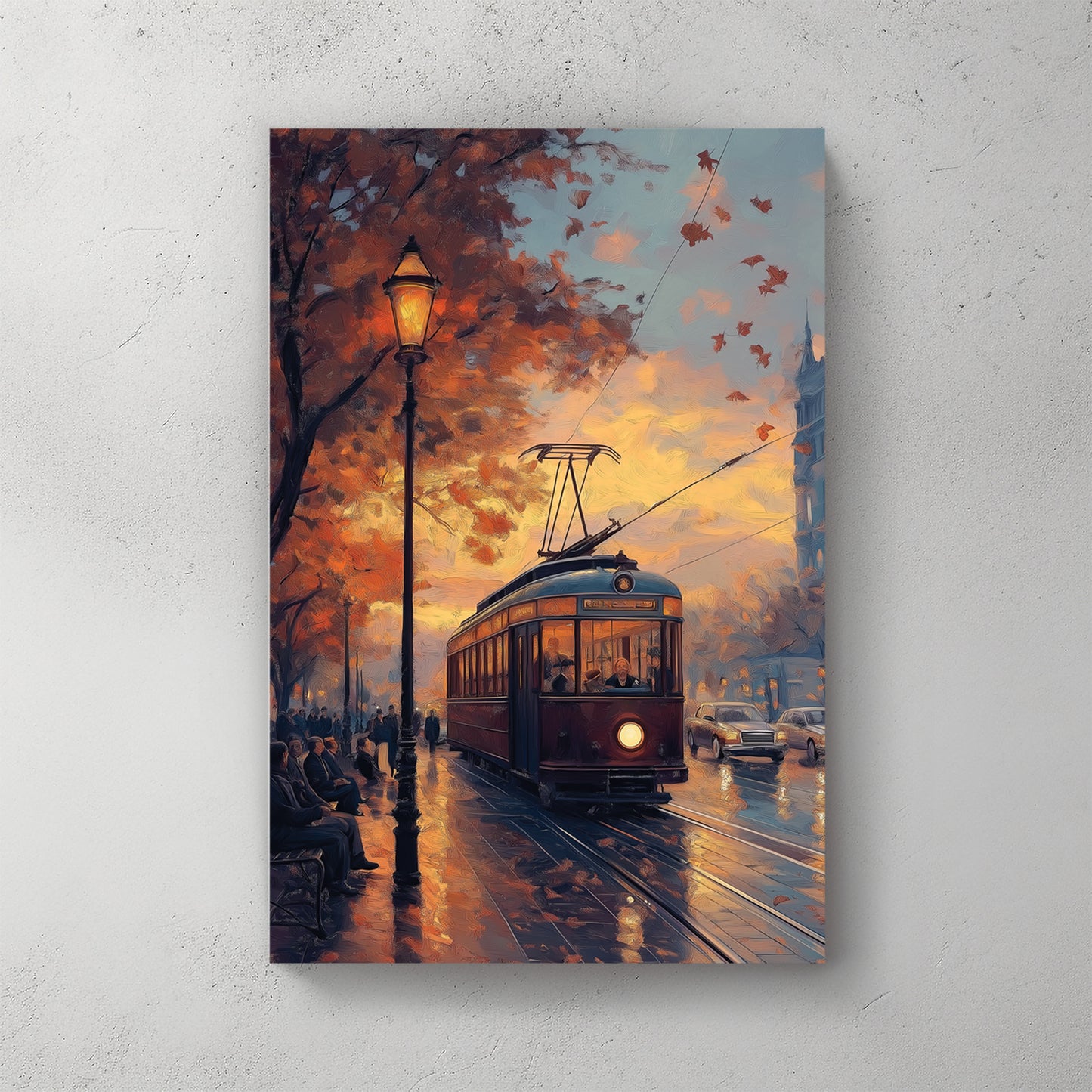 Vintage tram; cobblestone street at sunset; warm street lamps; classic European city — canvas wall art print
