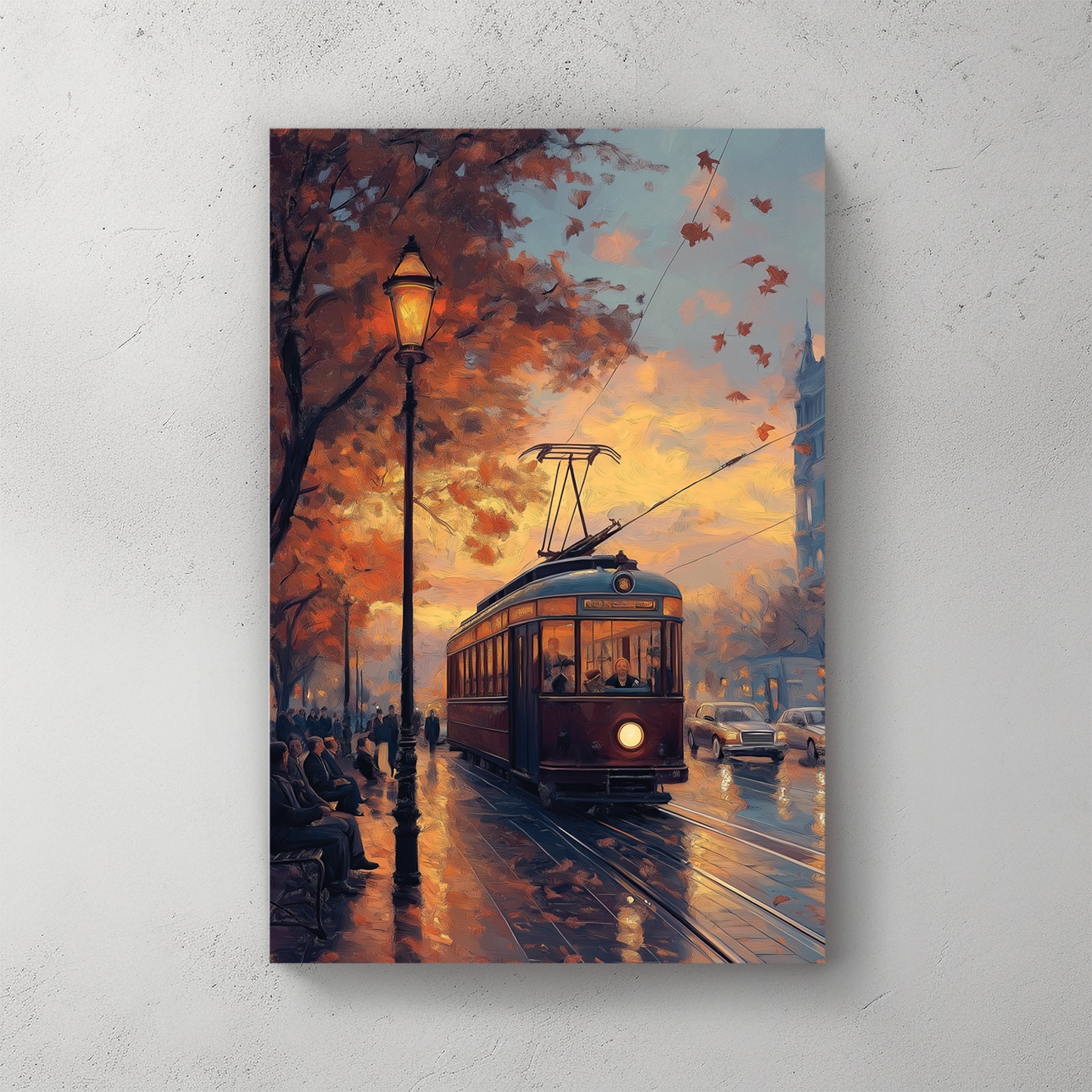 Vintage tram; cobblestone street at sunset; warm street lamps; classic European city — canvas wall art print