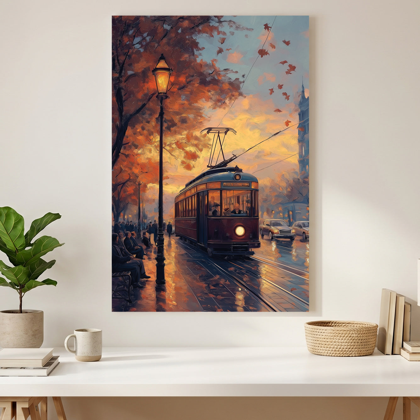 Vintage Tram Sunset Cityscape Painting canvas wall art print styled in a modern interior