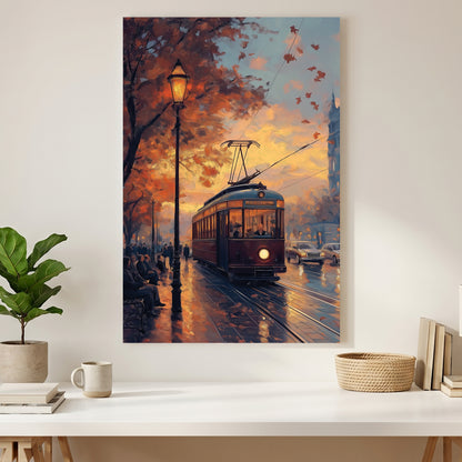 Vintage Tram Sunset Cityscape Painting canvas wall art print styled in a modern interior